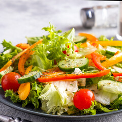Pepper, tomatoes, cucumber and lettuce on a plate. Diet concept