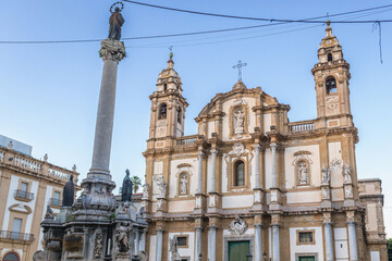 Exterior of San Domenico Church and Column of Immaculate Conception in Palermo city, Sicily Island, Italy