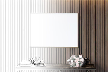 A sketch becomes a real close-up of a blank vertical poster on illuminated wooden panels, a dark marble console with an open book, and a bouquet of delicate flowers standing near the wall. 3d render
