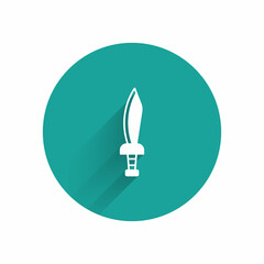 White Pirate sword icon isolated with long shadow background. Sabre sign. Green circle button. Vector