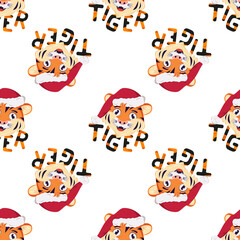 Seamless pattern with happy tiger, symbol of New Year in red Christmas Santa hat. Print for holiday decoration with orange striped lettering