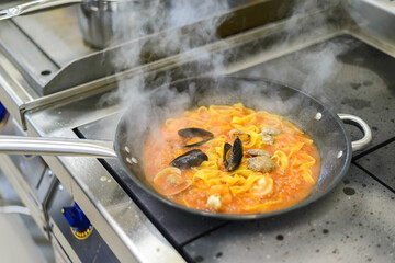 pasta with seafood in the restaurant