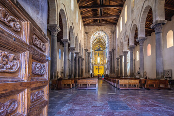 Fototapeta na wymiar Interior of Transfiguration Cathedral in historic part of Cefalu town on Sicily Island, Italy