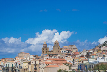 Fototapeta na wymiar Cefalu town on Sicily Island, view with cathedral towers, Italy
