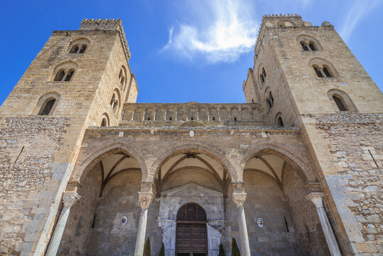 Frontage of Transfiguration Cathedral in historic part of Cefalu town on Sicily Island, Italy
