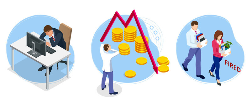 Isometric global finance crisis concept. Global economy crash. Unemployment, jobless and employee job reduction metaphor.