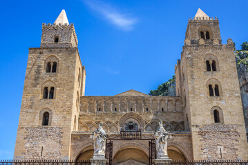 Fototapeta na wymiar Facade of Transfiguration Cathedral in historic part of Cefalu town on Sicily Island, Italy