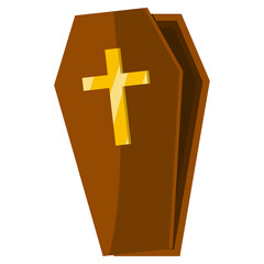 Wooden classic expensive coffin with a cross made of gold, wooden box. Coffin icon isolated. Vector illustration in cartoon style.