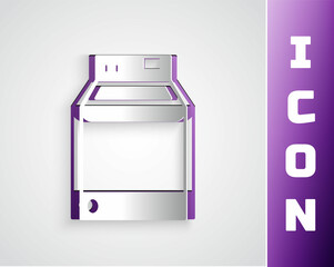 Paper cut Washer icon isolated on grey background. Washing machine icon. Clothes washer - laundry machine. Home appliance symbol. Paper art style. Vector