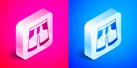 Isometric Short or pants icon isolated on pink and blue background. Silver square button. Vector