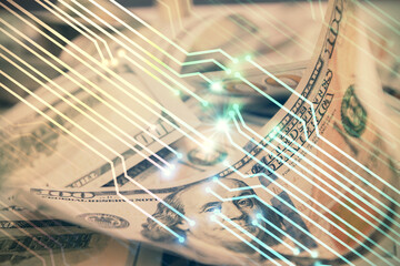 Double exposure of data theme drawing over us dollars bill background. Technology concept.