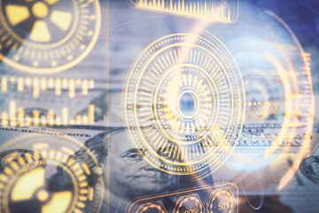 Double exposure of tech theme drawing over usa dollars bill background. Concept of technology.