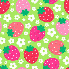 Cute hand drawn strawberry and flower seamless pattern background.