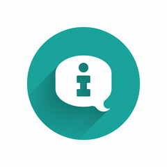 White Information icon isolated with long shadow background. Green circle button. Vector