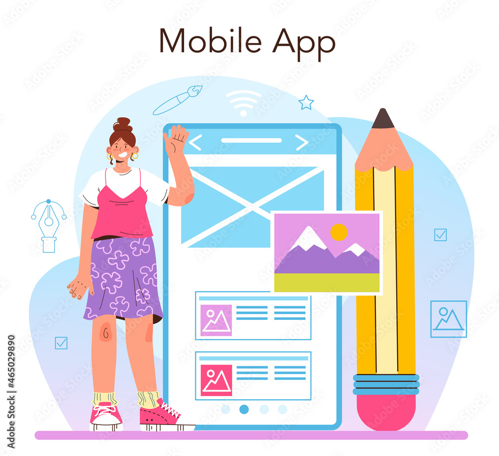 Poster web designer online service or platform. interface and content presentation