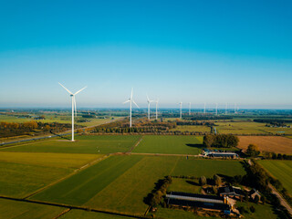 Aerial drone view of the landscape near the wind turbines in the Netherlands.