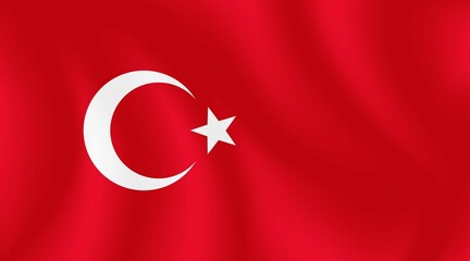 National flag of Turkey with imitation of light waves on the fabric. Vector stock illustration.
