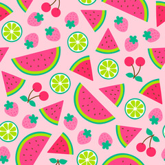 Cute hand drawn mixed fruits seamless pattern background.