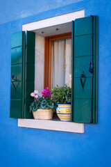 Window with flowers on the island of Burano