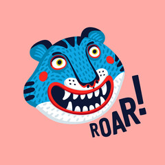 Tiger vector head in blue, cartoon tiger funny face and roar text. Organic flat style vector illustration