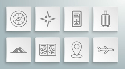 Set line Egypt pyramids, Wind rose, Passport pages with visa stamps, Map pin, Plane, Smartphone electronic boarding pass airline ticket, Suitcase for travel and Compass icon. Vector