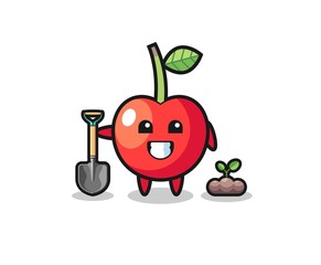 cute cherry cartoon is planting a tree seed