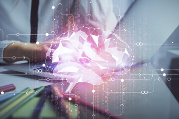 Multi exposure of woman hands working on computer and human brain hologram drawing. Ai tech concept.