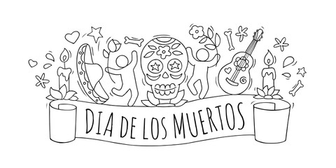 Cartoon people celebrate Day of the dead.