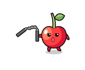 cartoon of cherry using nunchaku