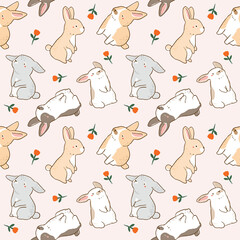 Seamless Pattern with Cute Bunny and Flower Design on Light Pink Background