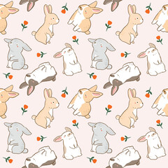 Seamless Pattern with Cute Bunny and Flower Design on Light Pink Background