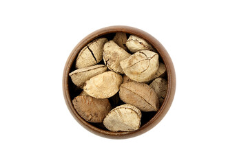 Brazil nuts or Bertholletia excelsa seeds in wooden bowl isolated on white