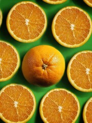 Orange slices pattern with a whole orange in the center on green background. Citrus background.