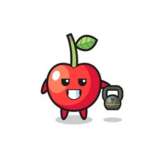 cherry mascot lifting kettlebell in the gym