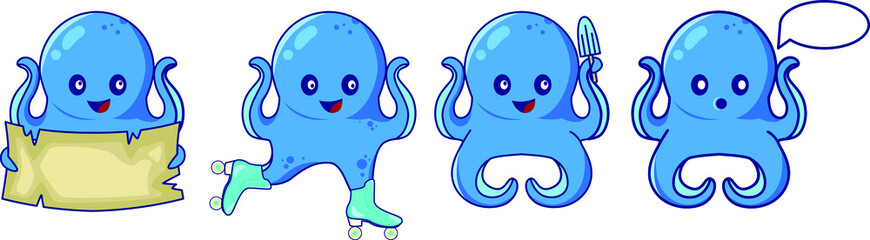 Cute octopus cartoon vector icon illustration. Animal nature concept icon isolated premium vector. Flat cartoon style. set