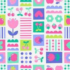 Cute floral and fruit grid styled pattern background.