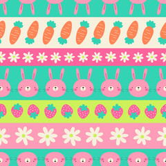 Cute rabbit, flower and fruit seamless pattern with striped background.