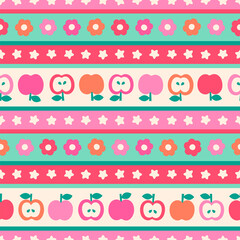 Cute apple, flower and star seamless pattern with striped background.