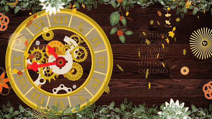 Reloj y maquinaria durante la estación de otoño