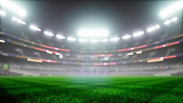 Empty night baseball and cricket arena in fog and illuminated by spotlights 3d render. High quality 4k footage
