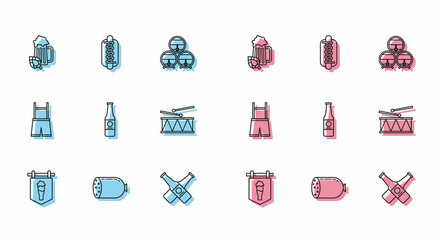 Set line Street signboard with glass of beer, Salami sausage, Glass and hop, Crossed bottle, Beer, Musical instrument drum drum sticks, Lederhosen and Hotdog sandwich mustard icon. Vector