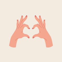Vector linear illustration of female hands show heart silhouette. Heart shape. French manicure.