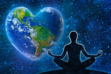 Yoga figure against universe background. Earth in the shape of a heart, ecology and environment...