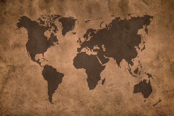 Fototapeta na wymiar World Map on sepia wall cement plaster vintage texture background.