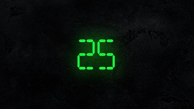 Green Led digits 30 second countdown with bright digital font in black textured background. Thirty second / times Timer count down. From 30 to 00. 