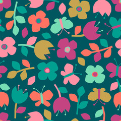 Cute hand drawn floral and butterfly seamless pattern background.