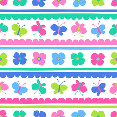 Cute hand drawn flower and butterfly seamless pattern with striped background.