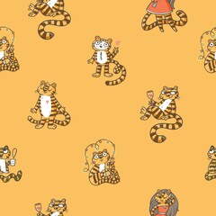 Christmas pattern with cute tigers on orange background. Christmas cartoon animals print. Winter stylized wallpaper. Chinese horoscope symbol.