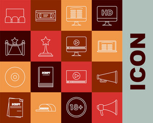 Set line Megaphone, Buy cinema ticket online, Movie trophy, Carpet with barriers and star, and Online play video icon. Vector