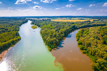 Aerial view of Drava and Mura rivers mouth, Podravina